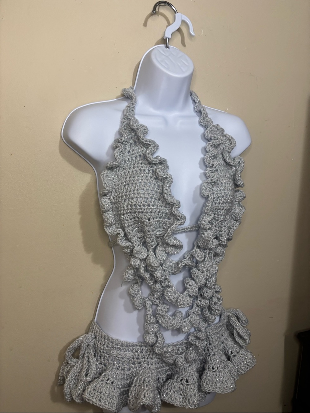 Handmade Gray Crochet Ruffle 2 piece bikini set.